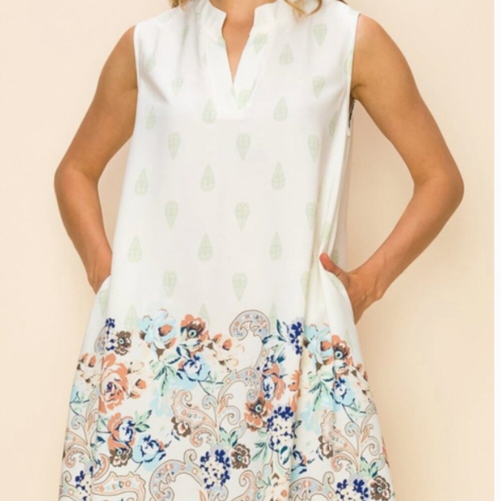 Women Flower Border Print Sleeveless Dress